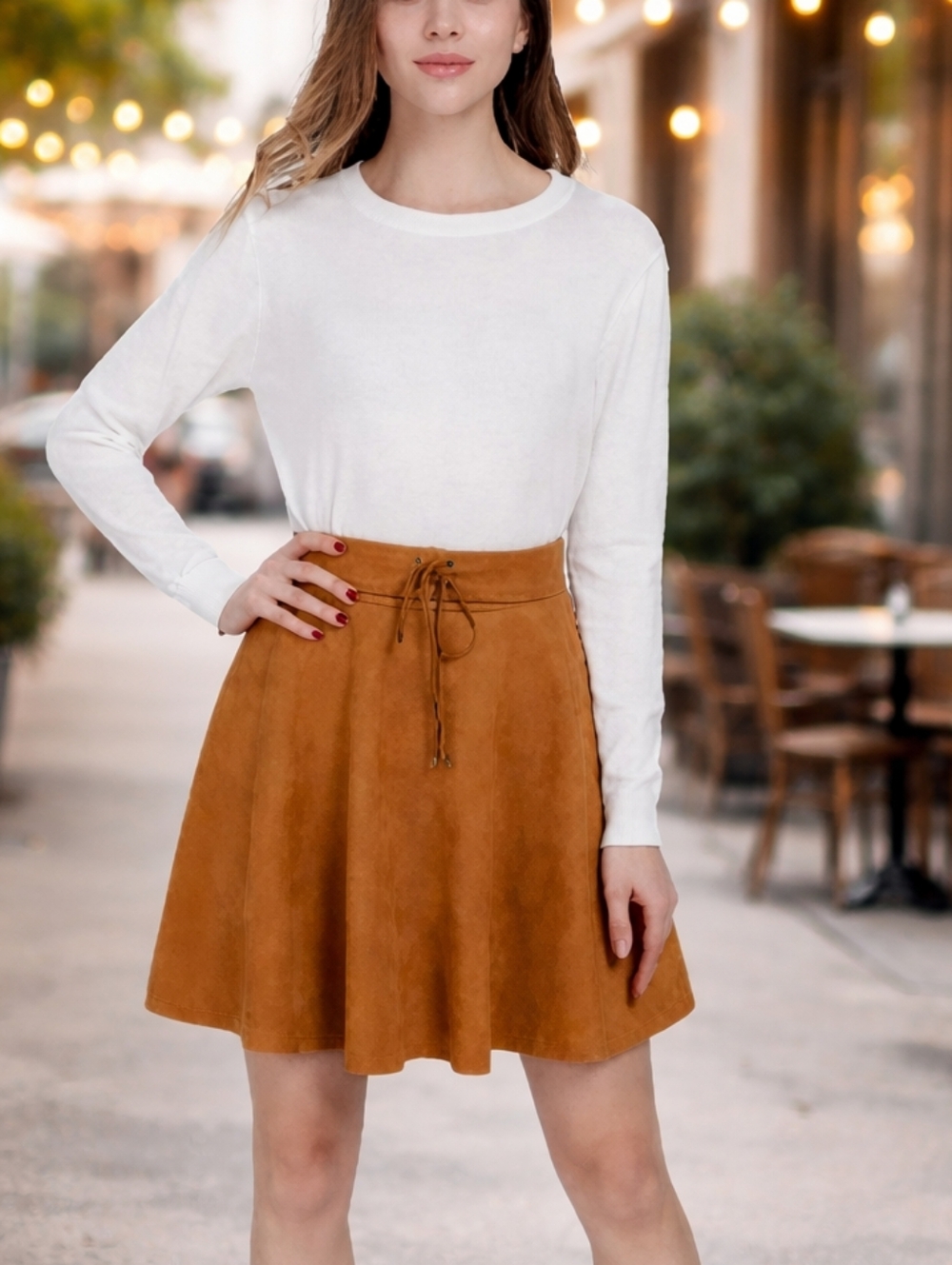 Diashiny Camel Suede-Look Lace-Up Skater Skirt Size Large NWT